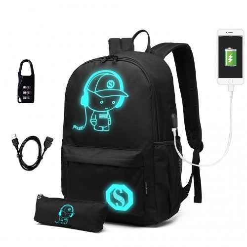 Kono Glow In The Dark Waterproof USB Charging Backpack With Pencil Case